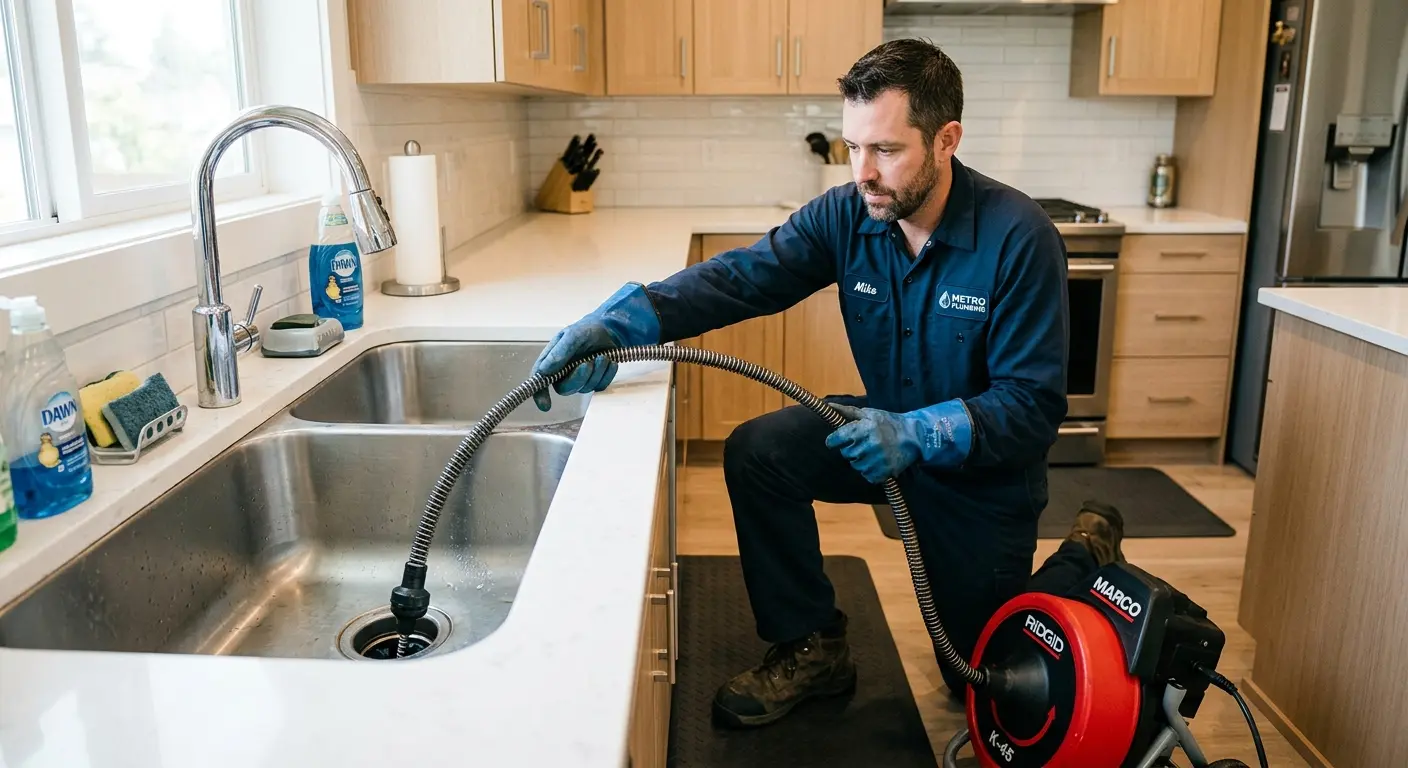 Drain cleaning technician using a motorized snake on a kitchen sink in Glenarden