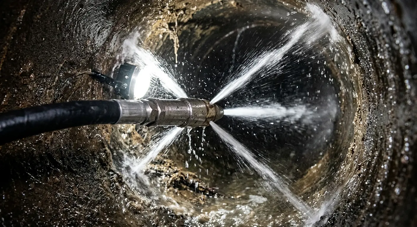 High-pressure hydro jetting nozzle cleaning sewer pipe for Emergency Drain Service in Glenarden