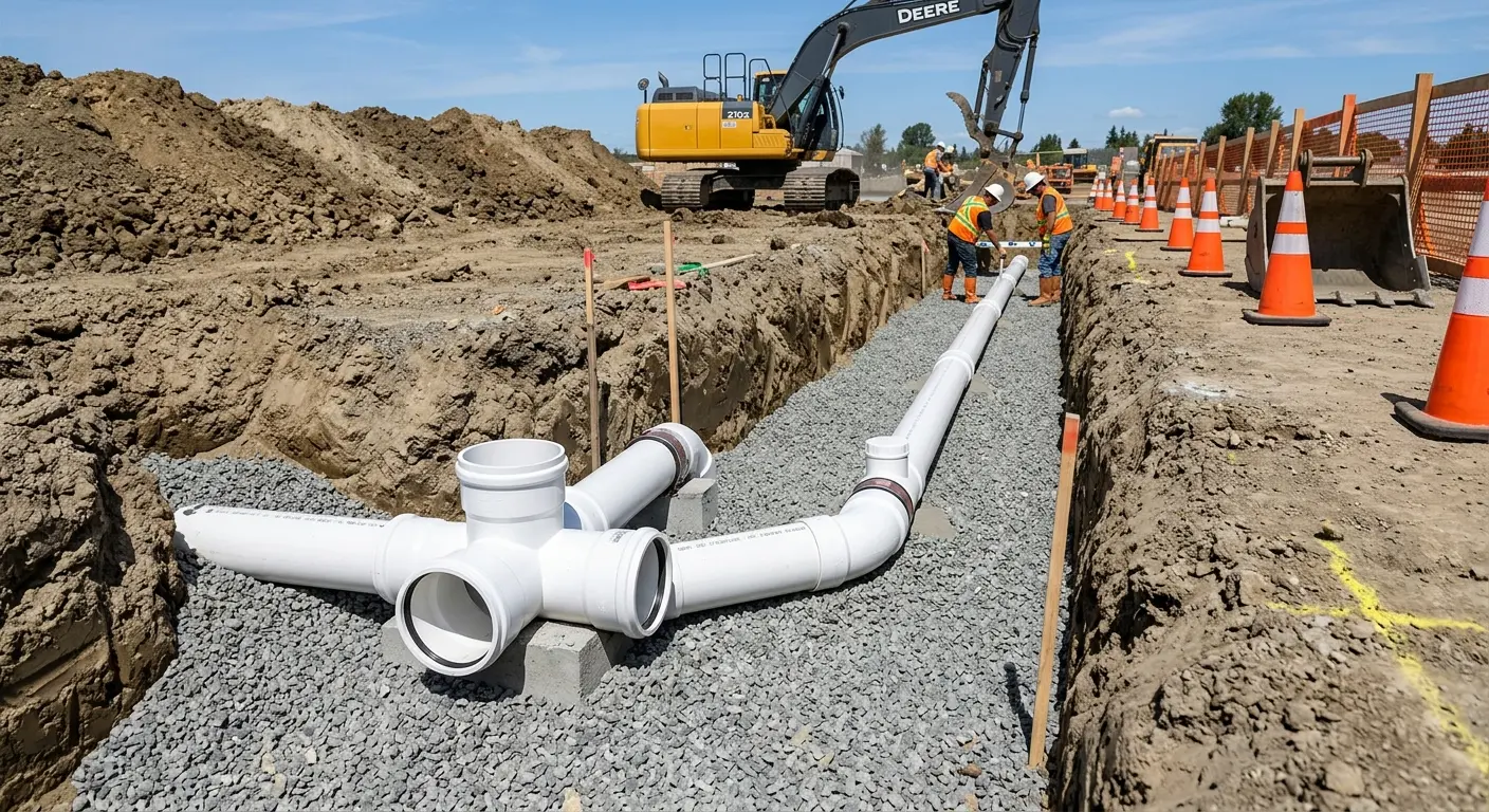 New PVC sewer pipe installation in open trench for Commercial Drain Cleaning in Glenarden