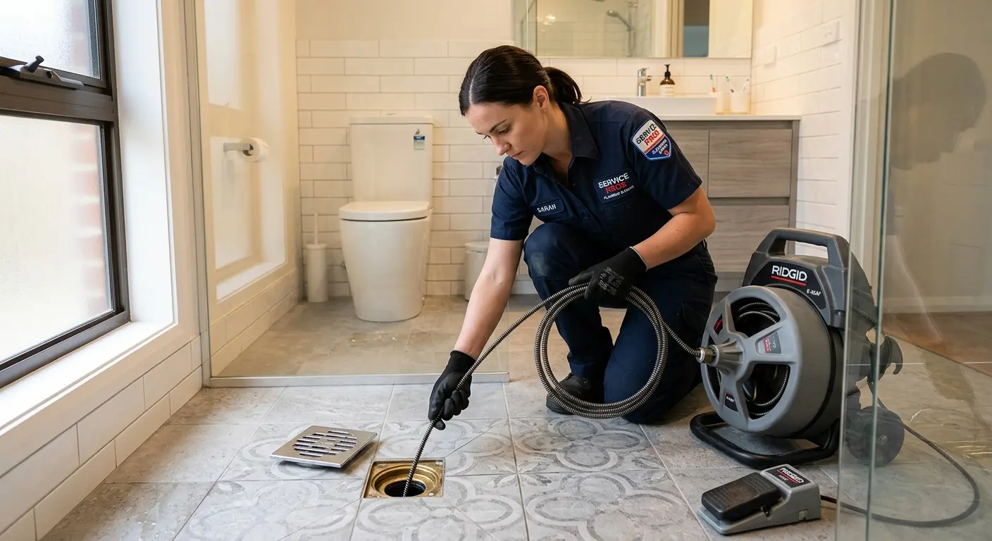 Technician clearing a bathroom floor drain for Hydro Jetting in Glenarden